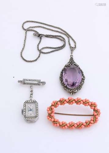 Lot with 3 jewels, with a hanging watch, Art deco