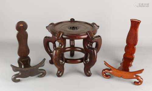 Old chinese wooden console and two saucer holders. 20th