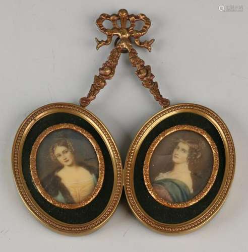 Two miniatures in brass frame. Louis Seize style.