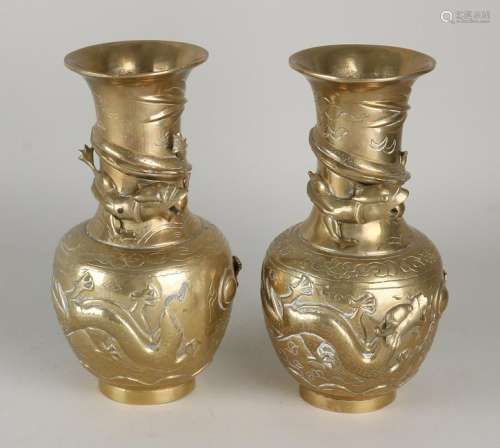 Two antique Chinese brass ornamental vases with dragons