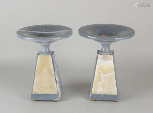 Two antique marble Art Deco coupes, blue-gray and