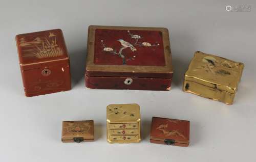 Six old / antique painted Japanese lacquer boxes.