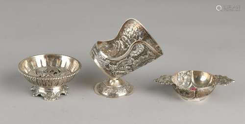 Three small silver trays, 835/000, a miniature brandy