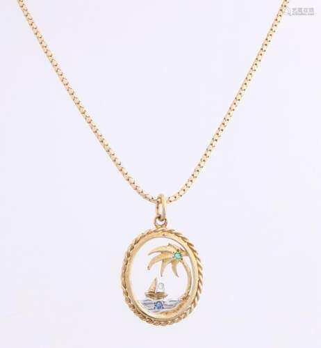 Yellow gold necklace and pendant, 585/000, with emerald