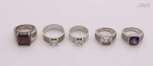 Five silver rings, 925/000, with zirconia's, including