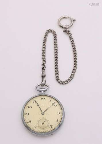 Omega pocket watch, mechanical with white metal chain.