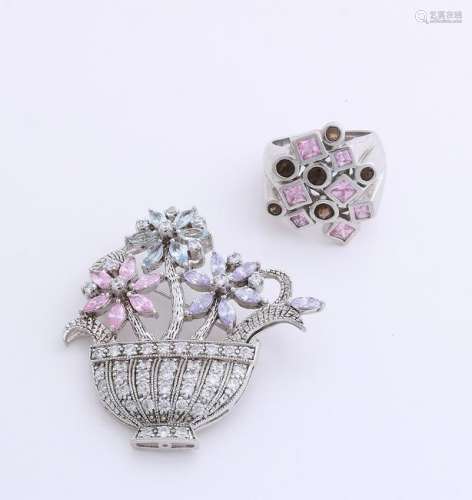 Silver ring and brooch, 925/000, with colored