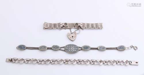 Three silver bracelets, bracelet with rectangular open