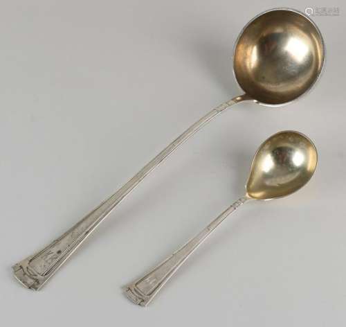 Two silver spoons, 800/000, Art Deco, a soupsleef and a