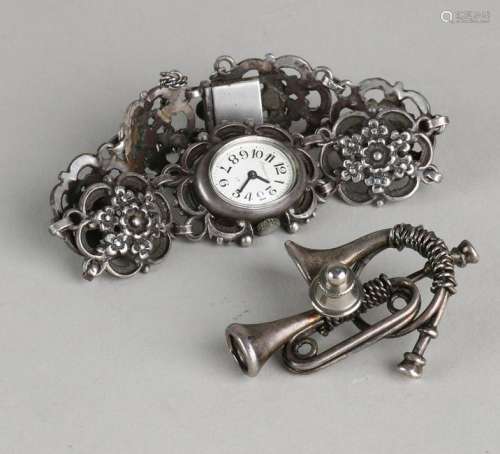 Silver watch and brooch, 835/000, watch with openwork