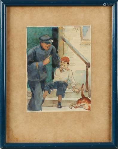 Willy Sluiter. 1873 - 1949. Kwa boy with police