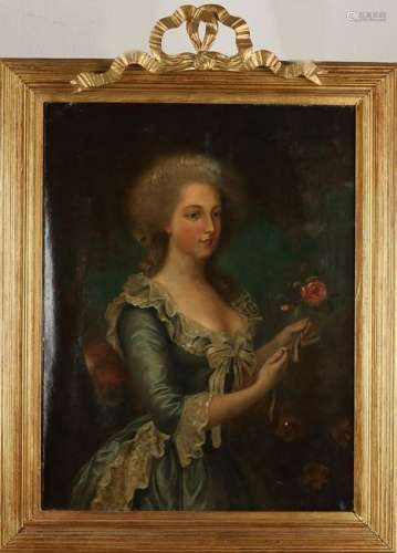 Unsigned. 18th - 19th Century. Lady with a rose. Hole +