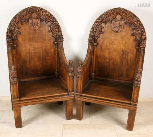 Two antique gothic oak seats, pinned wood. 19th Century