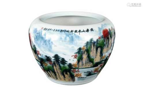 A polychrome porcelain flower pot, decorated with a mountainous river landscape and characters.
