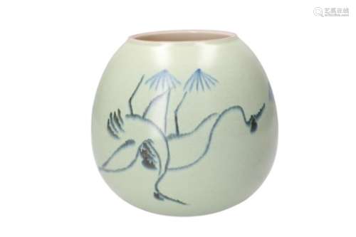 A blue and celadon porcelain jar, decorated with birds. Dated 1990. Created by Xin Ting (1966).