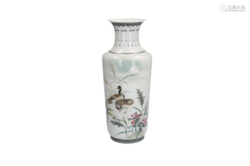 A polychrome porcelain vase, decorated with ducks, flowers and a poem. Made by Jingdezhen Ceramic