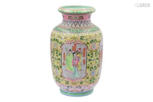 A polychrome porcelain vase, decorated with figures in cartouches and flowers. Marked with seal mark