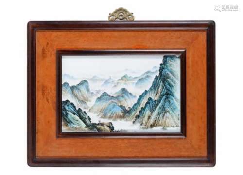 A polychrome porcelain plaque in wooden frame, depicting Huang Yang Jie. China, 20th century. Dim.