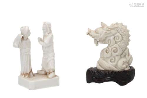 A blanc de Chine porcelain sculpture of a dragon on wooden base. Unmarked. With wax stamp. Added a