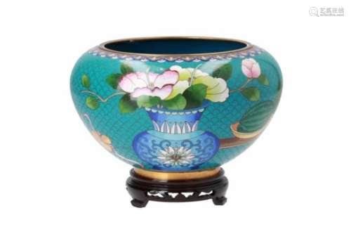 A polychrome metal cloisonné enamel bowl on wooden base, decorated with flower vases. Unmarked.