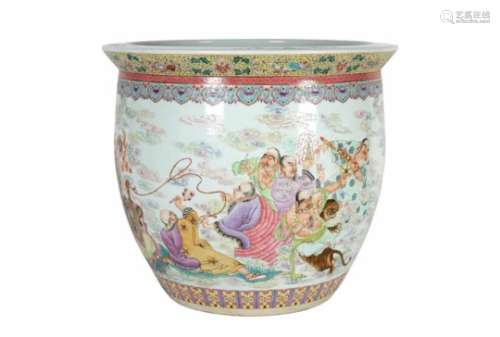 A polychrome porcelain cachepot, decorated with figures, dragons and flowers. Marked with seal