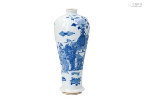 A blue and white porcelain meiping vase, decorated with figures and antiquities. Marked with 4-