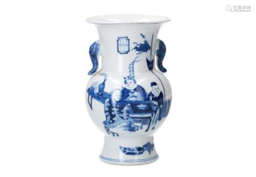 A blue and white porcelain vase, decorated with figures. The grips in the shape of elephant heads.