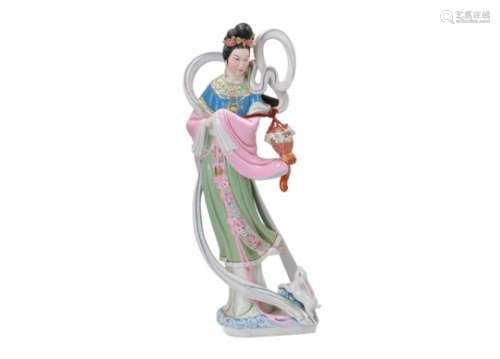 A polychrome porcelain sculpture, depicting a standing lady with a lantern. Unmarked. China,