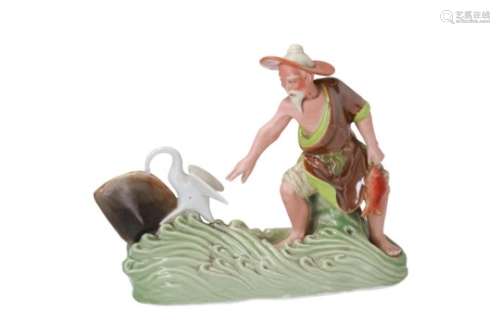 A polychrome porcelain sculpture, depicting a fisherman with fish and a swan with his head stuck