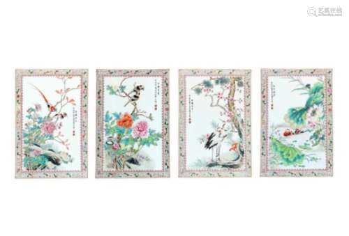 A lot of four polychrome porcelain plaques, decorated with flowers and birds. China, 20th century.