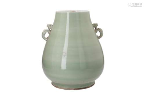 A celadon glazed porcelain zun vase with two handles. Marked with seal mark Qianlong. China,