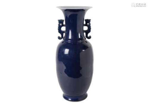 A blue glazed porcelain vase with two handles. Unmarked. China, 19th century. H. 62 cm.