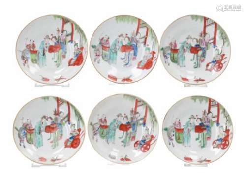 A set of six deep saucers, decorated with figures in a garden. Marked with seal mark Xianfeng.