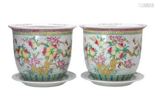 A pair of polychrome porcelain cachepots on a dish, decorated with characters, peaches, flowers