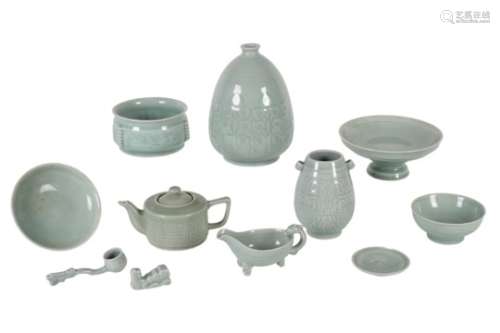 Lot of 11 diverse celadon glazed porcelain objects, including vases, tazza's and bowls. Unmarked.