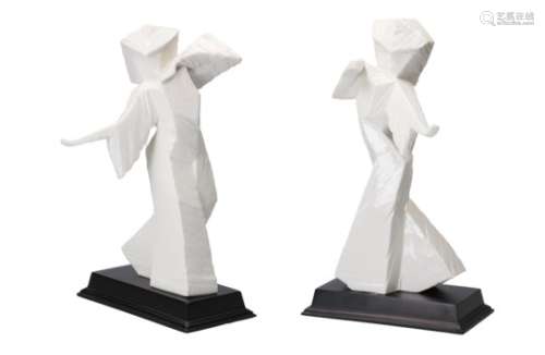 A pair of two blanc de Chine sculptures of dancing ladies. China. With certificates. Xianzhong Su H.