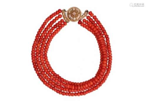 A four-strand red coral necklace with 14-kt gold clasp. Diam. approx. 7,7 - 9.5 mm. Tot. weight