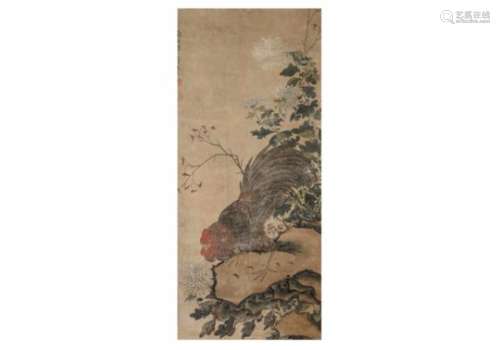 A painting on silk, depicting a rooster and flowers. Marked with characters and seal marks. After