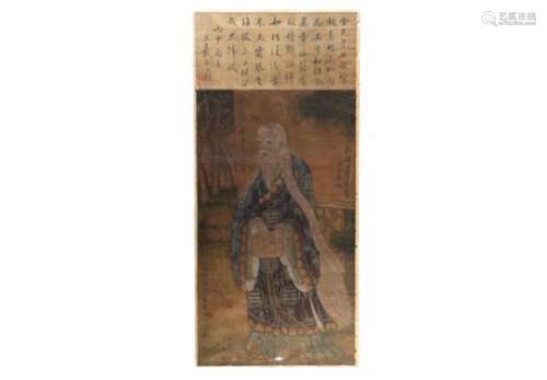 A painting on silk, depicting the artist Wu Dao Zi and a poem by Wang Xi Zhi. Signed. After Wen