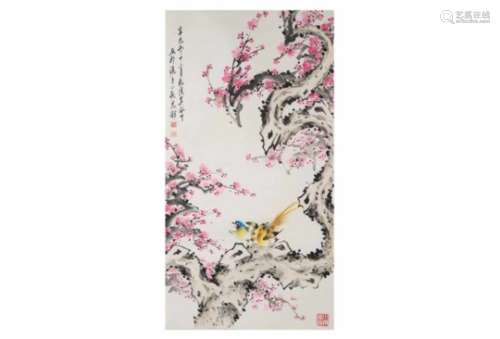 A scroll depicting flowers and birds. Signed Gu Sheng, December 2001. Marked with seal marks. China.
