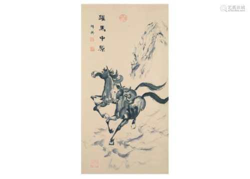 A scroll depicting horses. China, 20th century. Dim. 100 x 51 cm.