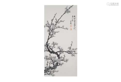A black and white scroll, depicting flower branches and a poem. China, 20th century. Dim. 69 x 32,