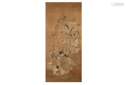 A scroll depicting musicians and a mythical animal. Unsigned. China, 19th century. Dim. 98,5 x 45