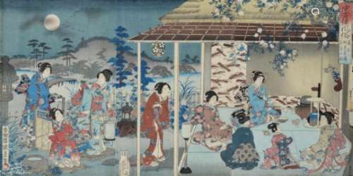 Three woodblock prints in one frame, depicting scenes with geishas. Signed. Japan, 19th century.
