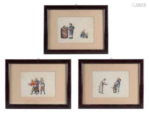 A set of three watercolor paintings on rice paper, depicting scenes with prisoners. China, 19th