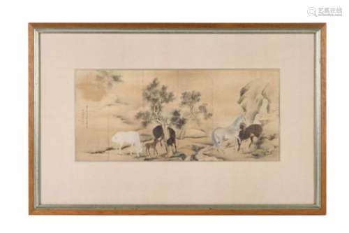 A painting on silk, decorated with horses in landscape. Dated 1943, China. Dim. 17 x 38,5 cm.