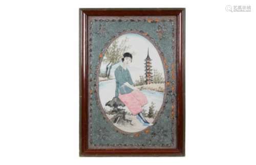 A silk watercolor with mirror parts in frame, depicting a sitting lady near the river. Unmarked.