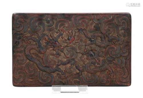 A wooden lidded box with carved decor of dragons and the burning pearl. China, approx. 1900. Dim. 20