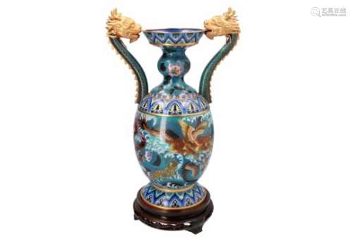 A polychrome cloisonné dragon vase on wooden base. Unmarked. China, approx. 1970. H. vase 40 cm.