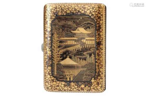 Iron and gilded cigarette case, decorated with buildings and bridge in landscape. Marked with seal